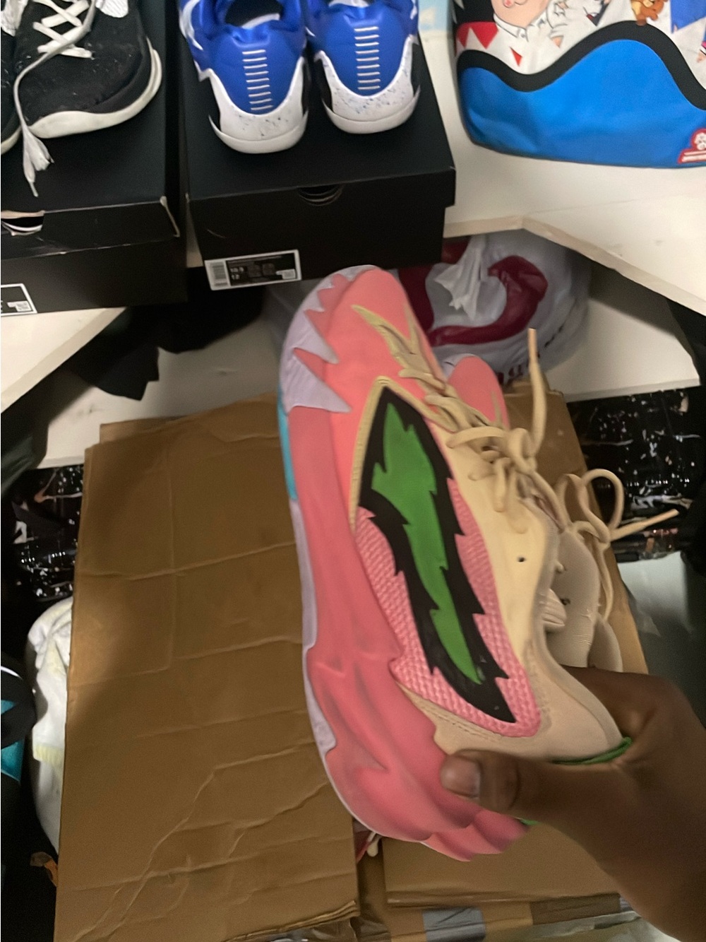 Men's Pink and Beige Athletic Sneakers with Green Accent